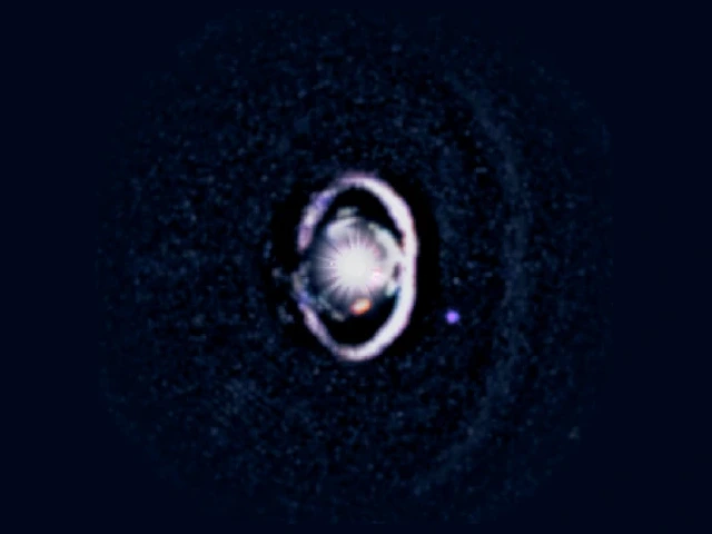 The star, WISPIT 2, appears a bright spot in the center, surrounded by a white, bright ring of dust. Two small dots indicate the growing protoplanets in the system. 
