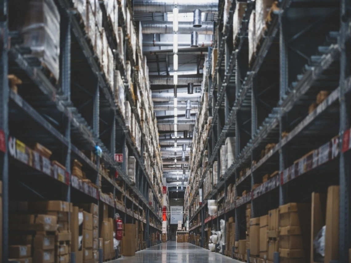 Warehouse shelves full of products 