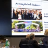 Suresh Garimella addressing the Arizona Board of Regents with a slide about student success behind him